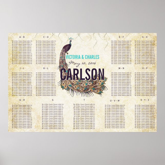 Vintage Modern Påfågel Placeringsplan Poster (Framsidan)