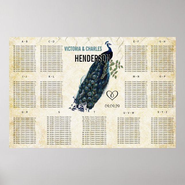 Vintage Modern Påfågel Placeringsplan Poster (Framsidan)