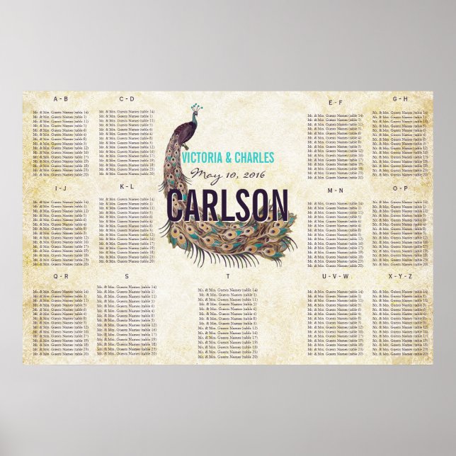 Vintage Modern Påfågel Placeringsplan Poster (Framsidan)