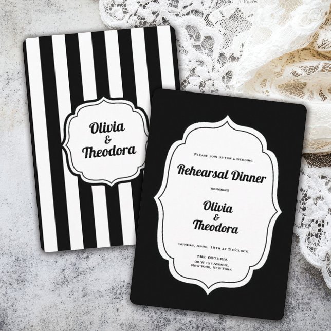Vintage Modern Randig Inbjudan till Reperetitionsm (vintage modern elegant black and white stripe rehearsal dinner invitation. )