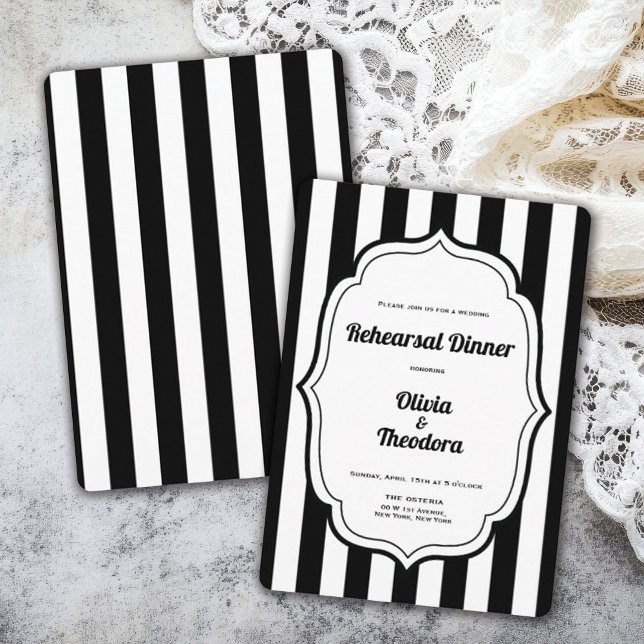 Vintage Modern Randig Övningsmiddagsinbjudan Inbjudningar (vintage modern elegant black and white stripe rehearsal dinner invitation)