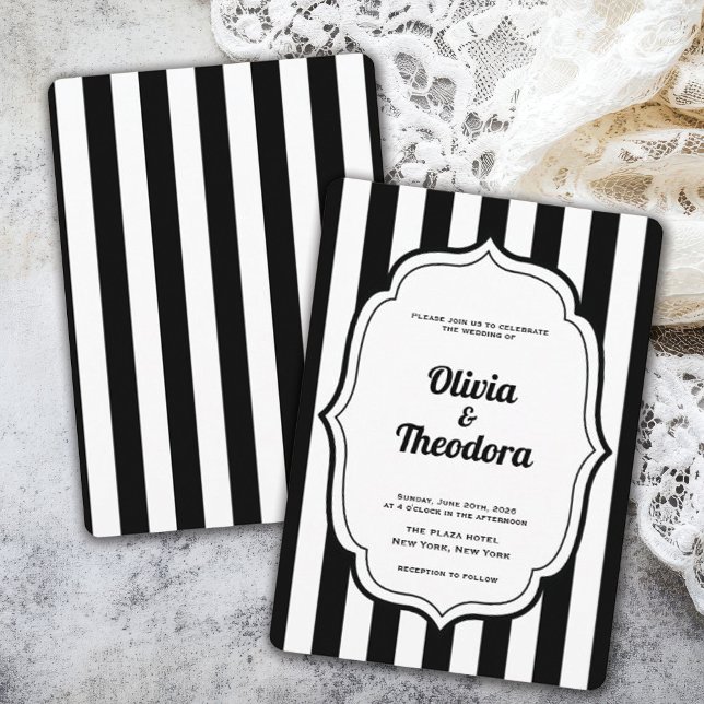 Vintage Modern Randigt Bröllopsinbjudan Inbjudningar (vintage modern elegant black and white stripe wedding invitation)
