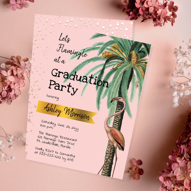 Vintage Modern Rosa Flamingo Handflatan Träd Grad  Inbjudningar (Vintage Modern Pink Flamingo Palm Tree "Let's Flamingle at a Graduation Party" Invitation )