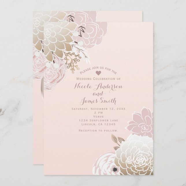 Vintage Modern Rosa & Guld Rustic Blommigt Bröllop Inbjudningar (Fram/baksida)