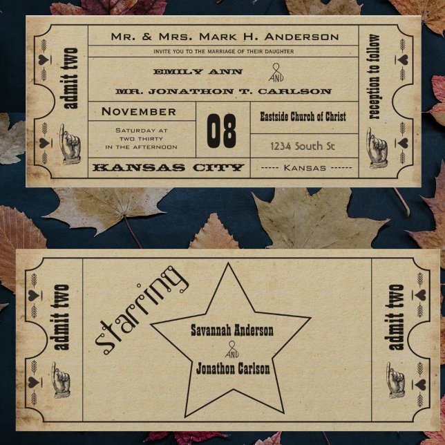 Vintage Modern Typografi Biljett Bröllop Inbjudningar (Skapare uppladdad)