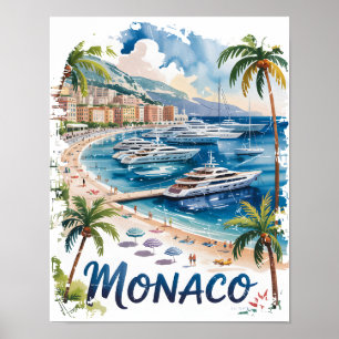 Vintage Monaco Akvarell Franska Rivieran Resa Poster