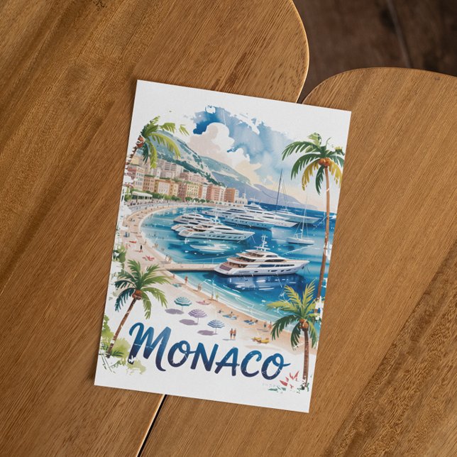 Vintage Monaco Akvarell Franska Rivieran Resa Vykort (Vintage Monaco Watercolor French Riviera Travel Postcard)
