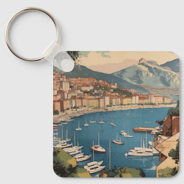 Vintage Monaco Harbour Resescen Anpassad Text Nyckelring (Framsida)