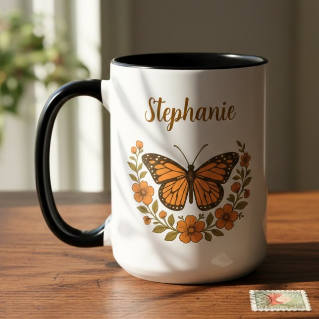 Vintage Monarkfjäril – Namngåva åt henne Två-Tonad Mugg (Personalized monarch butterfly floral coffee mug)