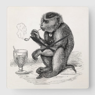 Vintage Monkey Smoking a Pipe Monkey Animal Fyrkantig Klocka