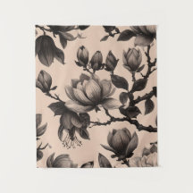 Vintage Monochrome Magnolia Blommigt Tapestry
