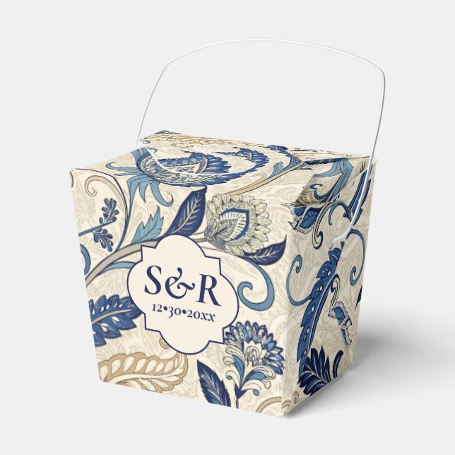 Vintage Monogram Blue Cream Damask Blommigt Bröllo Presentaskar (Framsidan Sidan)