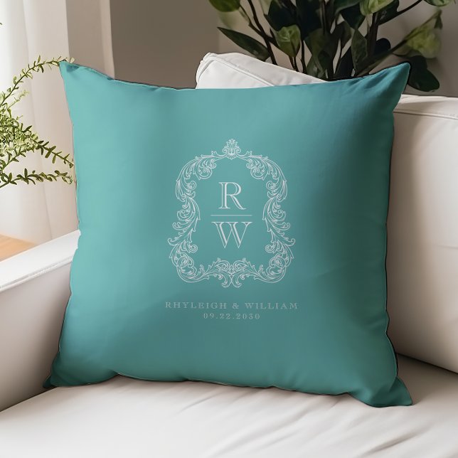 Vintage Monogram Crest Names Turquoise Wedding Kudde (Skapare uppladdad)