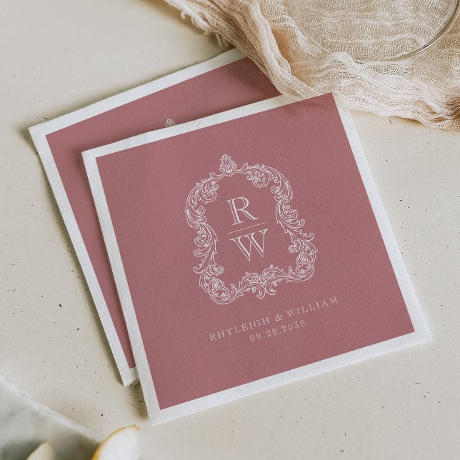 Vintage Monogram Crest Namn Dusty Rose Bröllop Pappersservett (Skapare uppladdad)