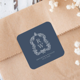 Vintage Monogram Crest Namn Navyblå Bröllop Fyrkantigt Klistermärke