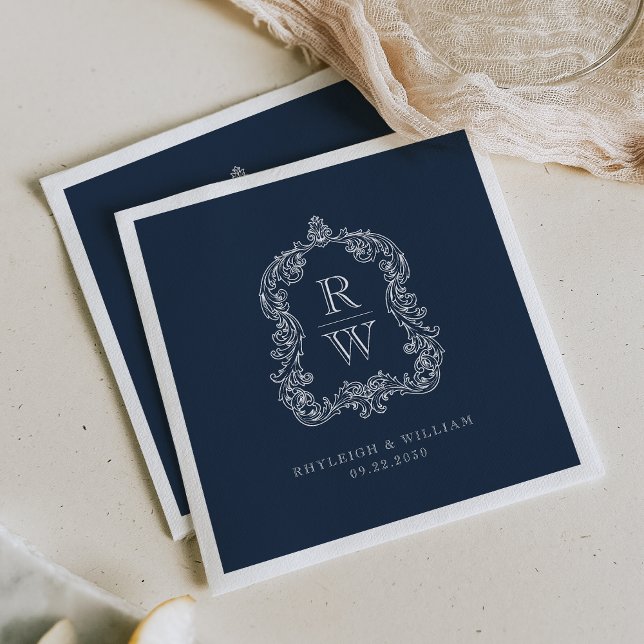 Vintage Monogram Crest Namn Navyblå Bröllop Pappersservett (Skapare uppladdad)