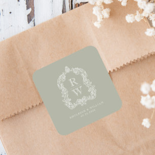 Vintage Monogram Crest Namn Sälggrön Bröllop Fyrkantigt Klistermärke