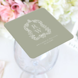 Vintage Monogram Crest Namn Sälggrön Bröllop Underlägg Papper Kvadrat