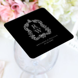 Vintage Monogram Crest Namn Svart Vitt Bröllop Underlägg Papper Kvadrat