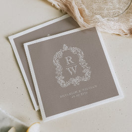 Vintage Monogram Crest Namn Taupe Bröllop Pappersservett