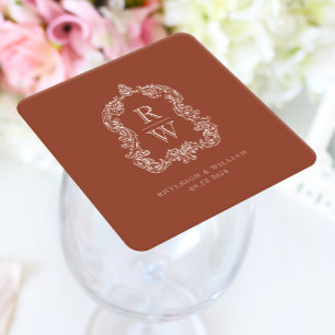 Vintage Monogram Crest Namn Terrakotta Bröllop Underlägg Papper Kvadrat