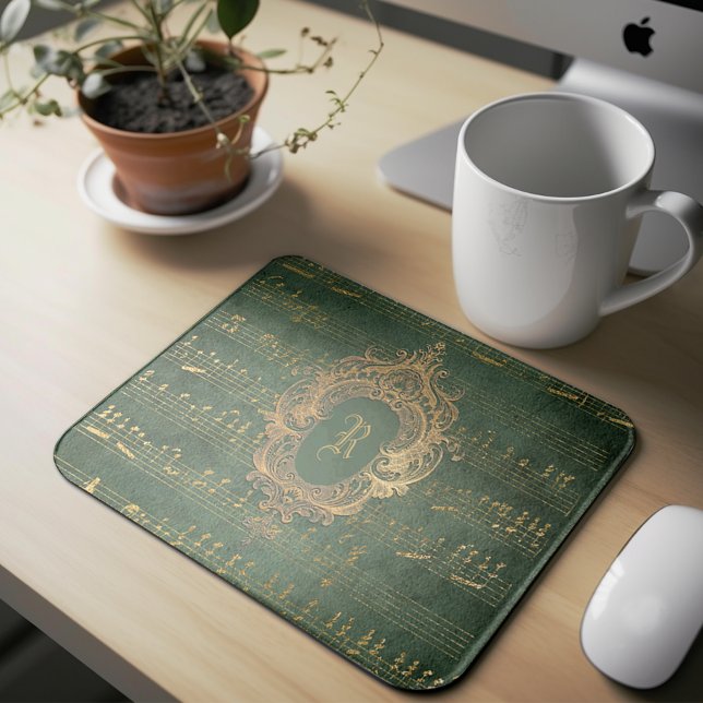 Vintage Monogram-kam Musikmanuskript Grönt Guld Musmatta (Skapare uppladdad)