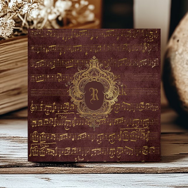 Vintage Monogram-kam Notblad Burgunderröd Guld Kakelplatta (Skapare uppladdad)