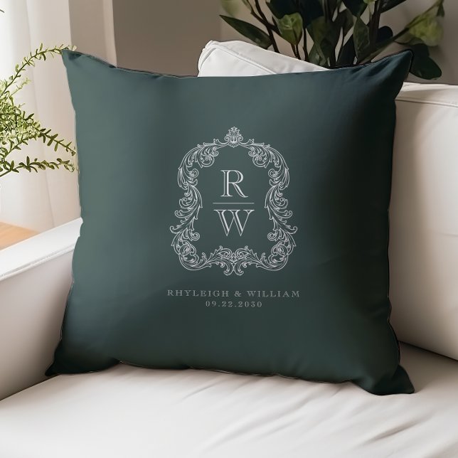 Vintage Monogram-kam Wedding Forest Green Kudde (Skapare uppladdad)