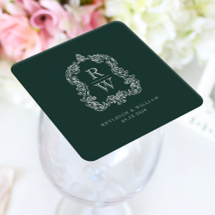 Vintage Monogram-kam Wedding Forest Grön Bröllop Underlägg Papper Kvadrat