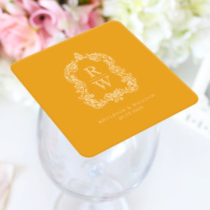 Vintage Monogram-krön Marigoldgul Bröllop Underlägg Papper Kvadrat