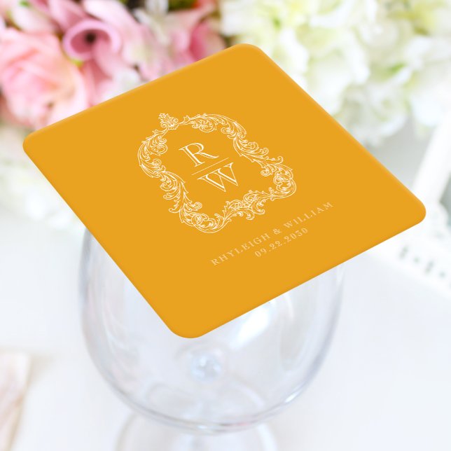 Vintage Monogram-krön Marigoldgul Bröllop Underlägg Papper Kvadrat (Skapare uppladdad)