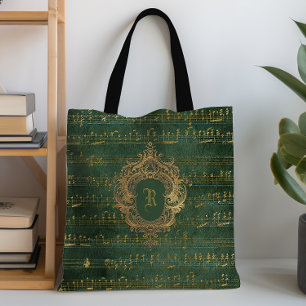 Vintage Monogram-krön Musikmanuskript Grönt Guld Tygkasse
