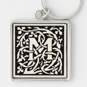 Vintage Monogram M Art nouveau Brev Fyrkantig Silverfärgad Nyckelring
