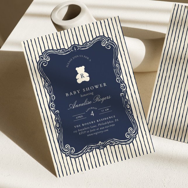 Vintage Monogram Navyblå Nalle Barnkalas Inbjudningar (Skapare uppladdad)