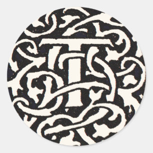 Vintage Monogram T Art Nouveau Bokstav Runt Klistermärke