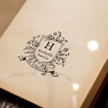Vintage Monogram Vapensköld Ex Libris eget namn Bo Självfärgande Stämpel<br><div class="desc">Självtryckande frimärke-design med en vintage-stil-vapensköld med anpassningsbar monogram och namn i klassisk serif-typografi. Organisationen ram omges av en blommigt arrangemang om ro och botaniskt löv. Under vapenskölden finns en rulla eller banderoll av typen "Ex Libris" som böjs längs insidan. Perfekt för en person eller familj bibliotek. För en familj bibliotek...</div>