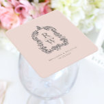 Vintage Monogram Vapensköld Namn  Rosa Bröllop Underlägg Papper Kvadrat<br><div class="desc">Den här eleganten har en ornerad,  snabbt vintage-inspirerad vapensköld av acanthus löv som ramar in två monogram initialer i ett öppet serif-teckensnitt,  staplas lodrätt och separeras med en tunn vågrät. Lägg till parets datum namn och bröllop nedan. Utformningen och texten är i kol-grått på  rosa.</div>