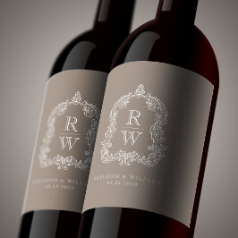 Vintage Monogram Vapensköld Namn Taupe Bröllop Vinflaska Etikett