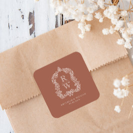 Vintage Monogram Vapensköld Namn Terracotta Bröllo Fyrkantigt Klistermärke