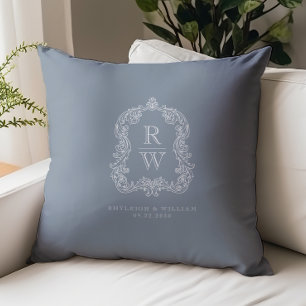 Vintage Monogramm Kammar Bröllopsnamn Dammblå Kudde