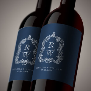 Vintage Monogramm Kammar Brudnamn Marinblå Bröllop Vinflaska Etikett