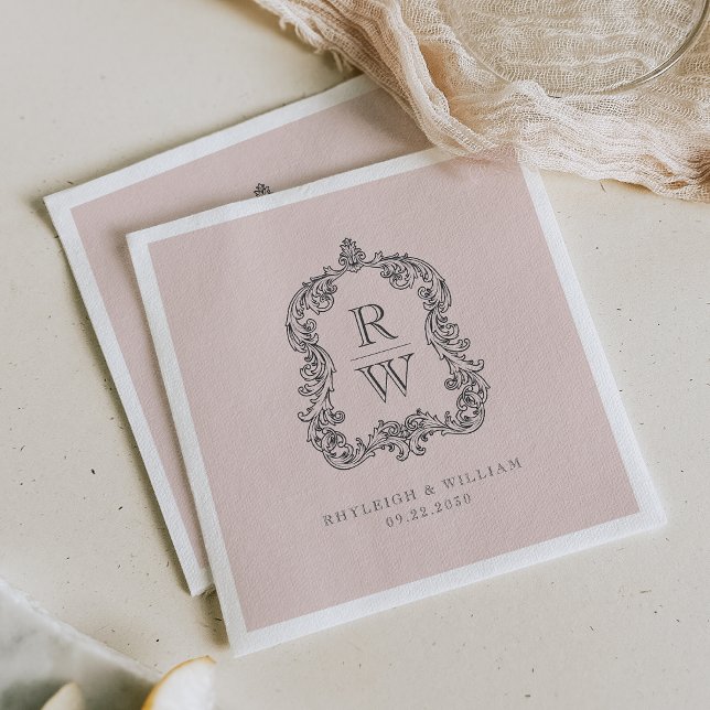 Vintage Monogramm Kröningsnamn Rosabröllop Pappersservett (Skapare uppladdad)