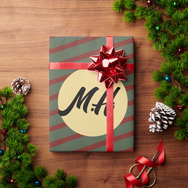 Vintage, monogrammad gult Red & grönt Rand Presentpapper (Julgåva)