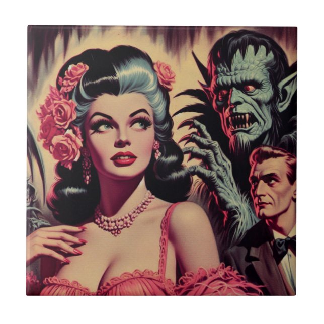 Vintage Monster Horror Girl Kakelplatta (Framsidan)