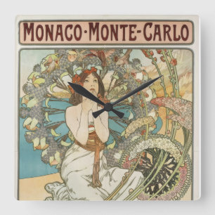 Vintage Mont-Carlo Poster av Alphonse Mucha Fyrkantig Klocka