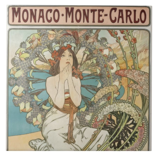 Vintage Mont-Carlo Poster av Alphonse Mucha Kakelplatta (Framsidan)