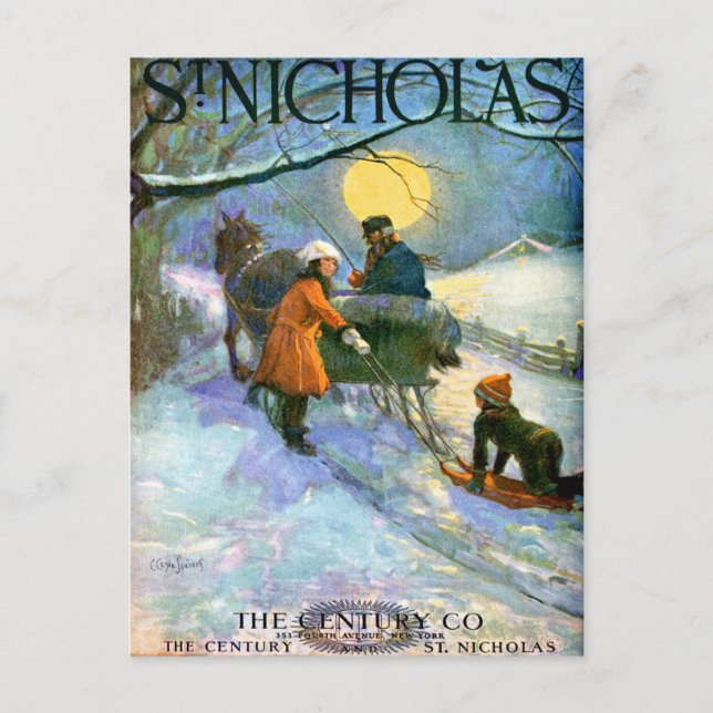 VINTAGE ’MOONLIGHT SLEIGHRIDE’ COVERART POSTCARD VYKORT (Framsida)