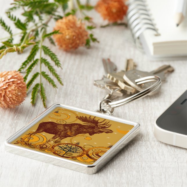 Vintage Moose Gifts Fyrkantig Silverfärgad Nyckelring (Sidan)