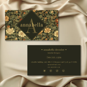 Vintage Mörk Blommigt William Morris Monogram Visitkort