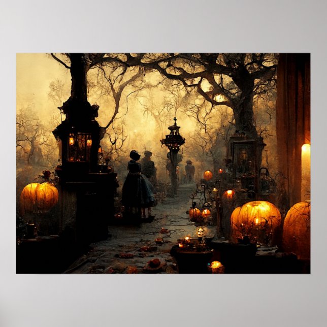 Vintage Mörk Halloween Night Town Street Poster (Framsidan)